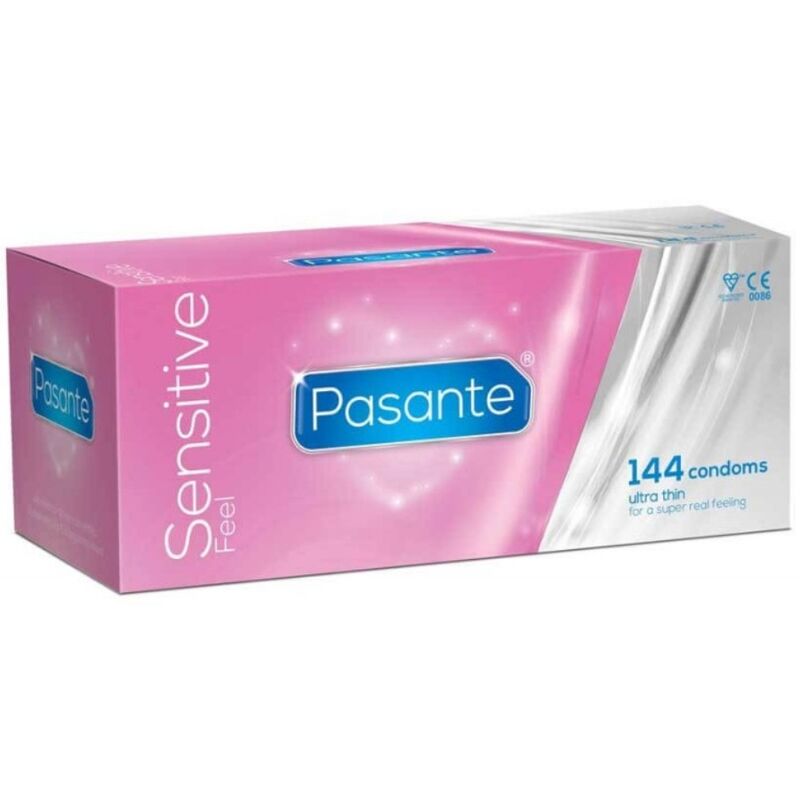 Preservativi Sensibili UltraFini Pasante, confezione da 144 unità, con dettagli dei preservativi sottili e morbidi.