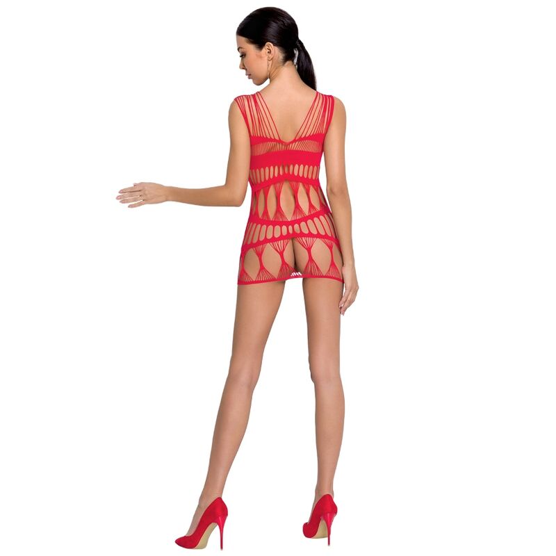 Body stocking rosso Passion Woman BS089 indossato, con dettagli eleganti, taglia unica, tessuto aderente e look seducente.