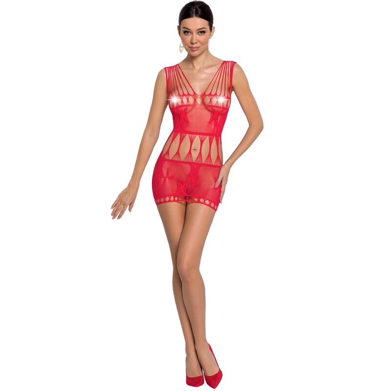 Body stocking rosso Passion Woman, modello BS090, taglia unica, con dettagli in pizzo e tessuto elasticizzato, indossato da una donna.