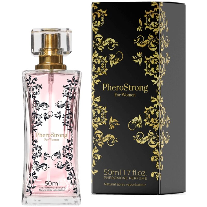 Profumo ai feromoni da donna Pherostrong da 50 ml, flacone elegante e trasparente con etichetta, dettagli visibili.