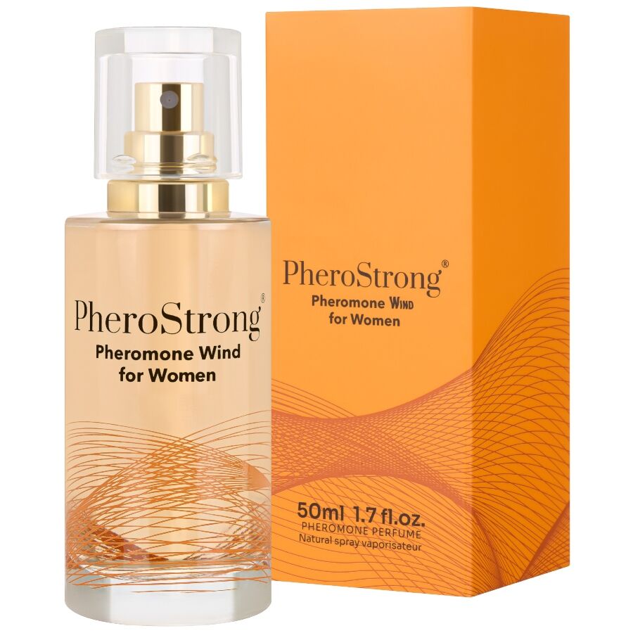 Profumo feromoni Wind per donna PHEROSTRONG, flacone da 50 ml con etichetta elegante e design moderno.