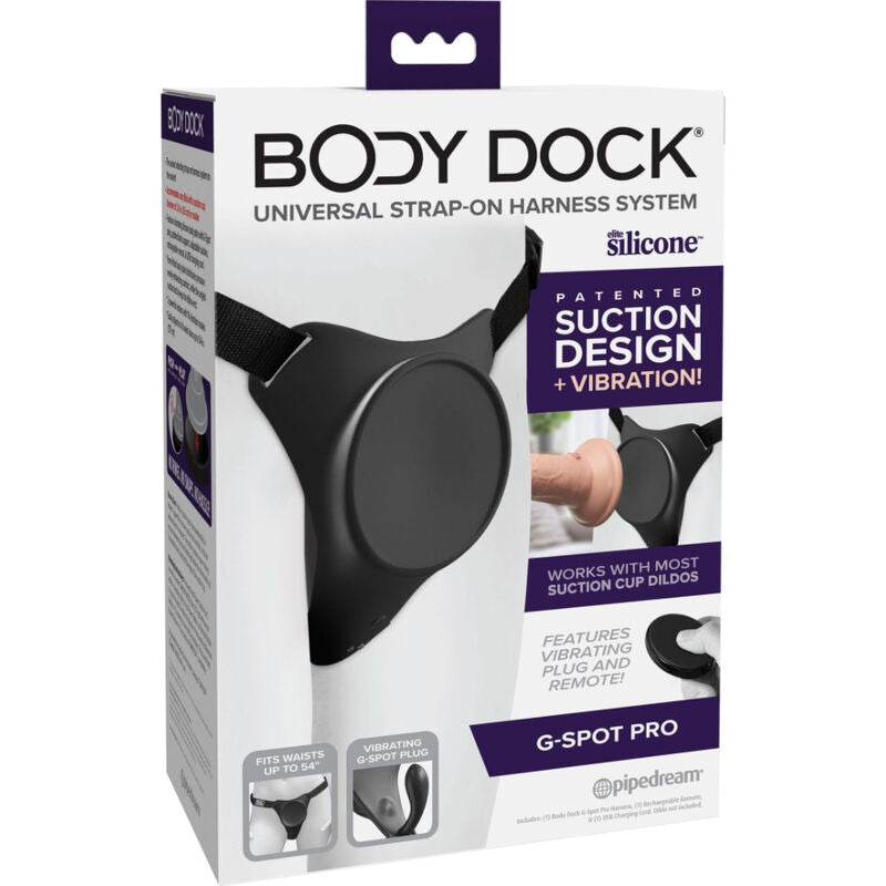 Imbracatura Body Dock G-Spot Pro di Pipedreams con design regolabile e dettagli in tessuto nero, vista frontale.
