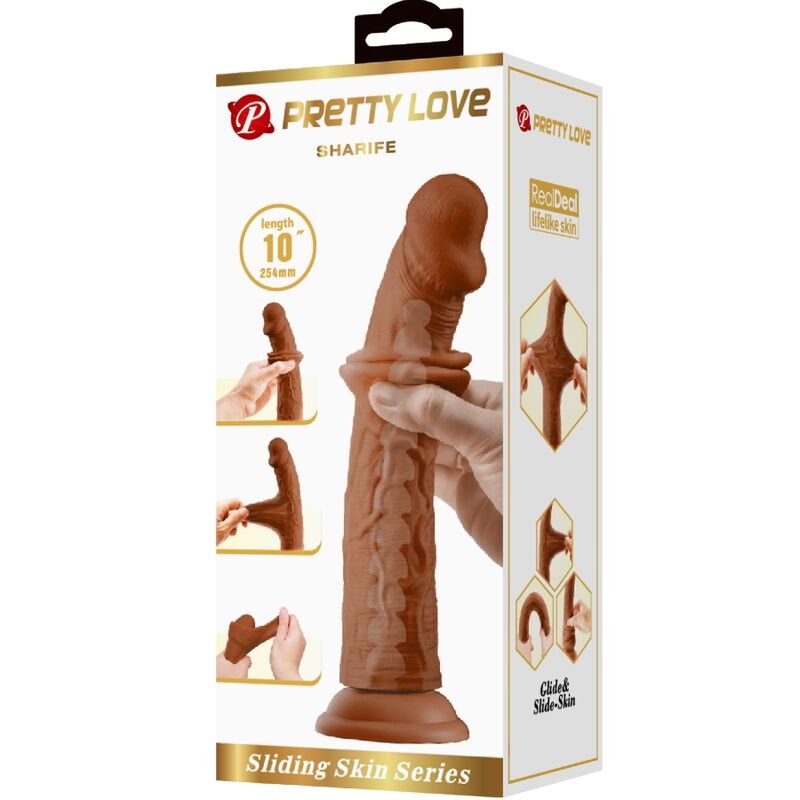 Dildo realistico PRETTY LOVE Sharife, 25 cm, colore marrone, dettagli realistici e superficie morbida.