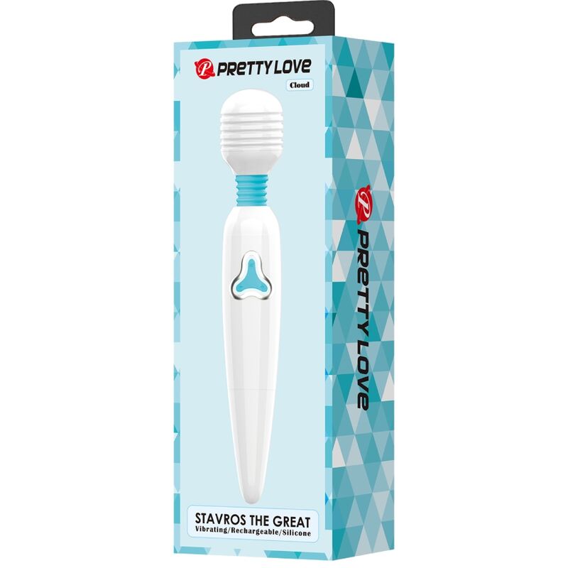 Vibratore Cloud Wand PRETTY LOVE bianco con 7 vibrazioni, design ergonomico e superficie liscia per massaggi e piacere.