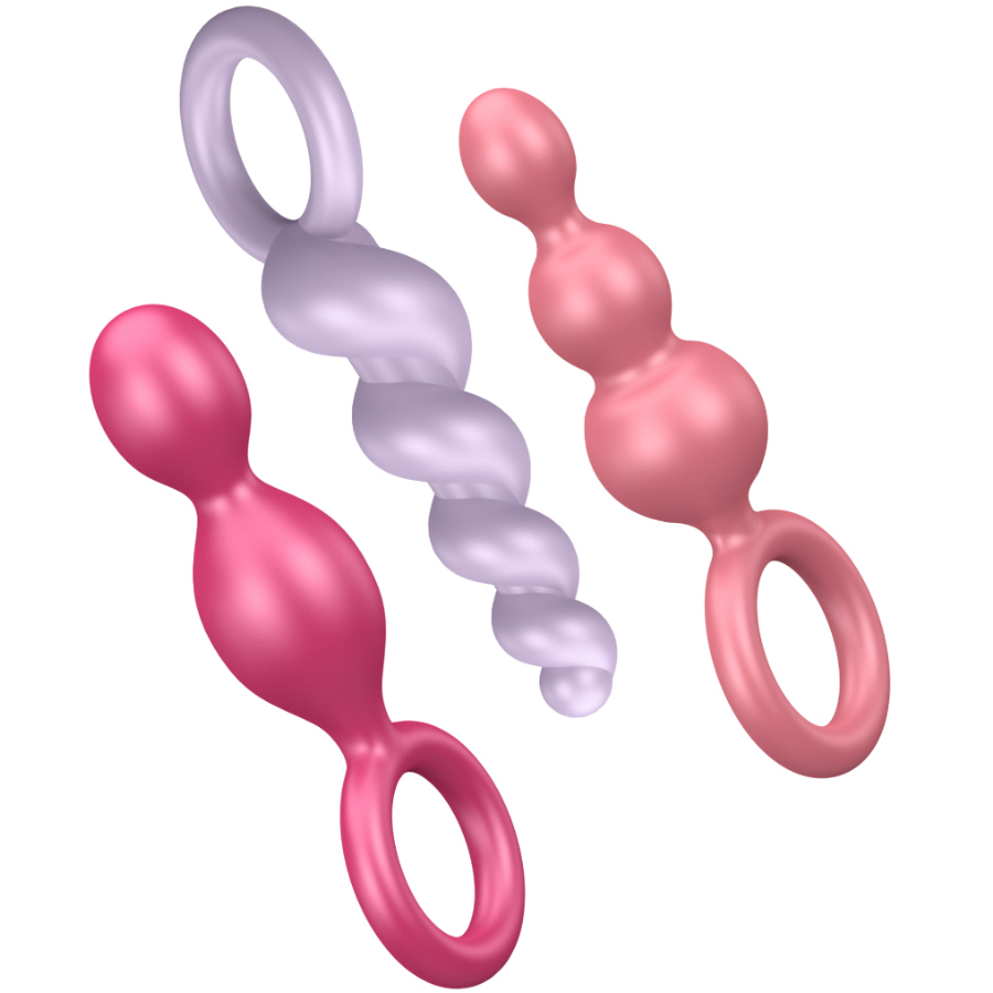 Set di 3 tappi anali SATISFYER PLUGS tricolore, in silicone morbido, con design ergonomico e colori vivaci.