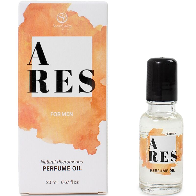 Profumo naturale a base di feromoni SECRETPLAY ARES per uomo, olio da 20 ml, contenuto in flacone con etichetta.