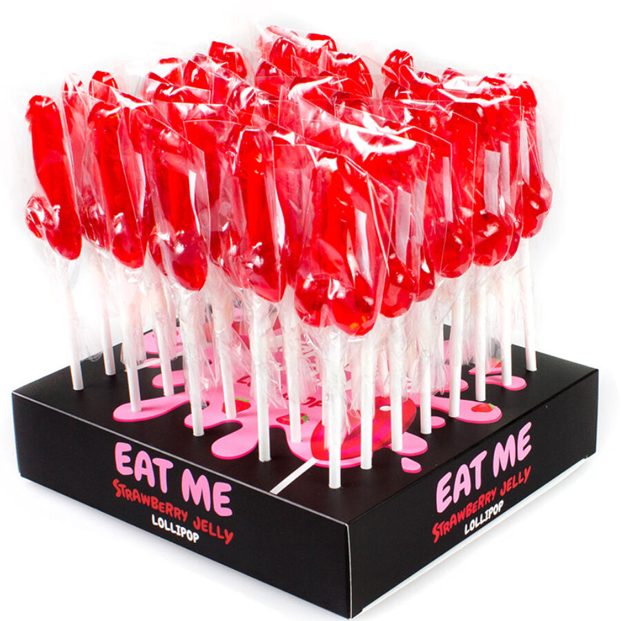 Assortimento di 40 lecca-lecca al pene con alcool del marchio SECRETPLAY COSMETIC, presentati in esposizione.