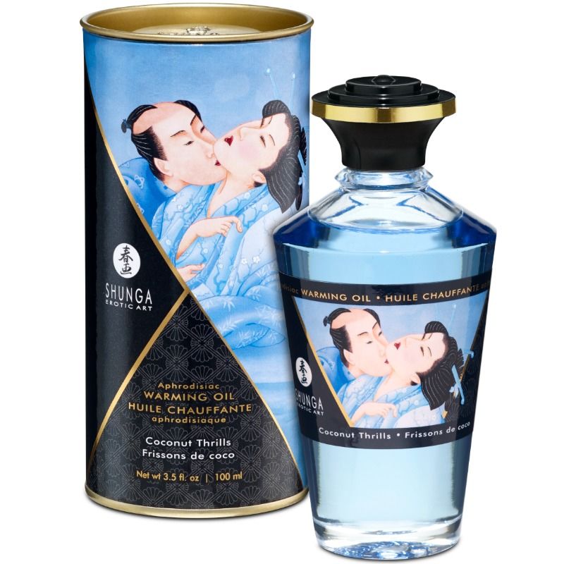 Olio da massaggio Shunga con effetto caldo al gusto di cocco, bottiglia da 100 ml, mostra il flacone e l'etichetta.