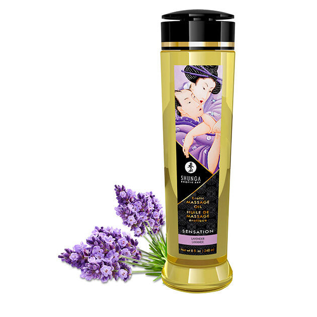 Olio da massaggio erotico sensazionale Shunga Oils da 240 ml con bottiglia elegante e etichetta decorativa.