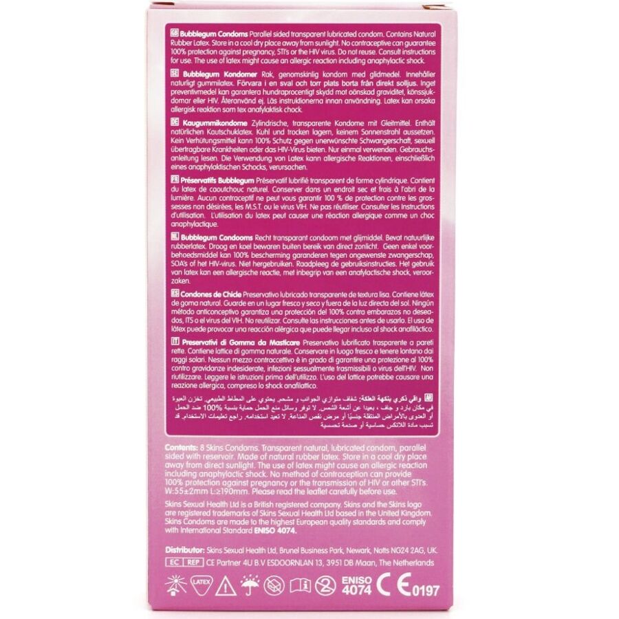 Confezione da 8 preservativi SKINS Bubblegum Premium, confezione colorata con dettagli del prodotto e logo del marchio.