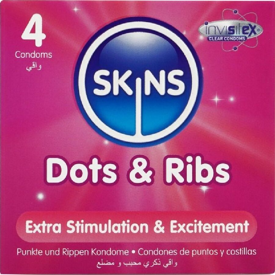Preservativi SKINS Dots & Ribs Premium, confezione da 4, con texture a rilievo per maggiore piacere, visibili in primo piano