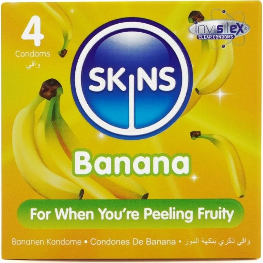 Preservativi SKINS Banana Premium in confezione da 4, confezione colorata con dettagli di banana, per protezione e piacere.