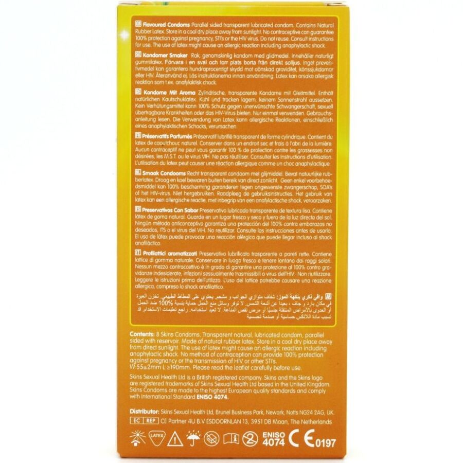 Preservativi SKINS al gusto banana, confezione da 8, rivestimento premium, ideale per protezione e piacere.