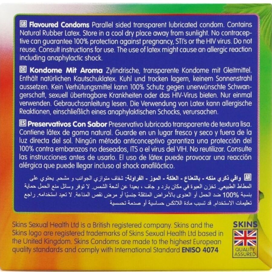 Preservativi multigusto SKINS Premium in confezione da 4, assortimento di sapori e texture, confezione sigillata.