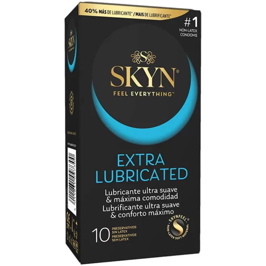 Preservativi SKYN extra lubrificati in confezione da 10 pezzi, sicuri e confortevoli per un uso intimo.