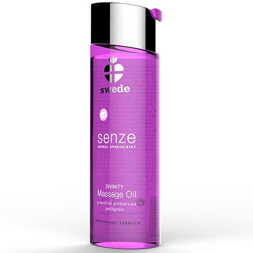Olio da massaggio afrodisiaco alle erbe Divinity di SWEDE, bottiglia da 75 ml, con etichetta verde e dettagli floreali.