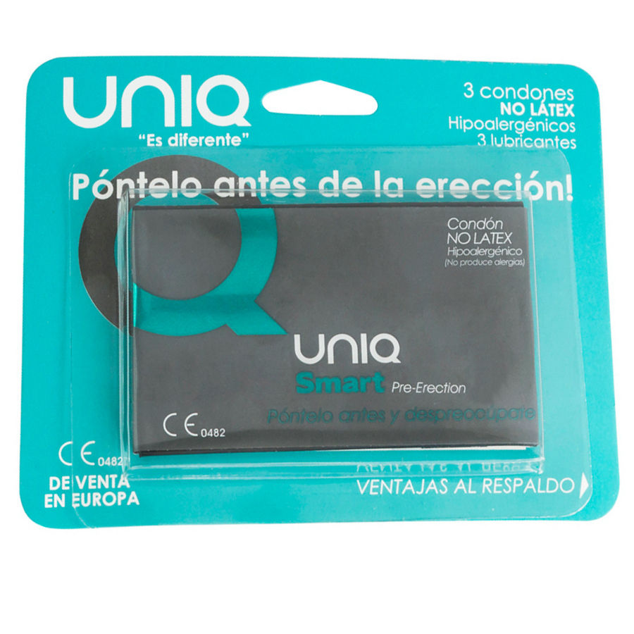Preservativi UNIQ Smart senza lattice, confezione da 3 unità, con design discreto e dettagli visibili sulla confezione.