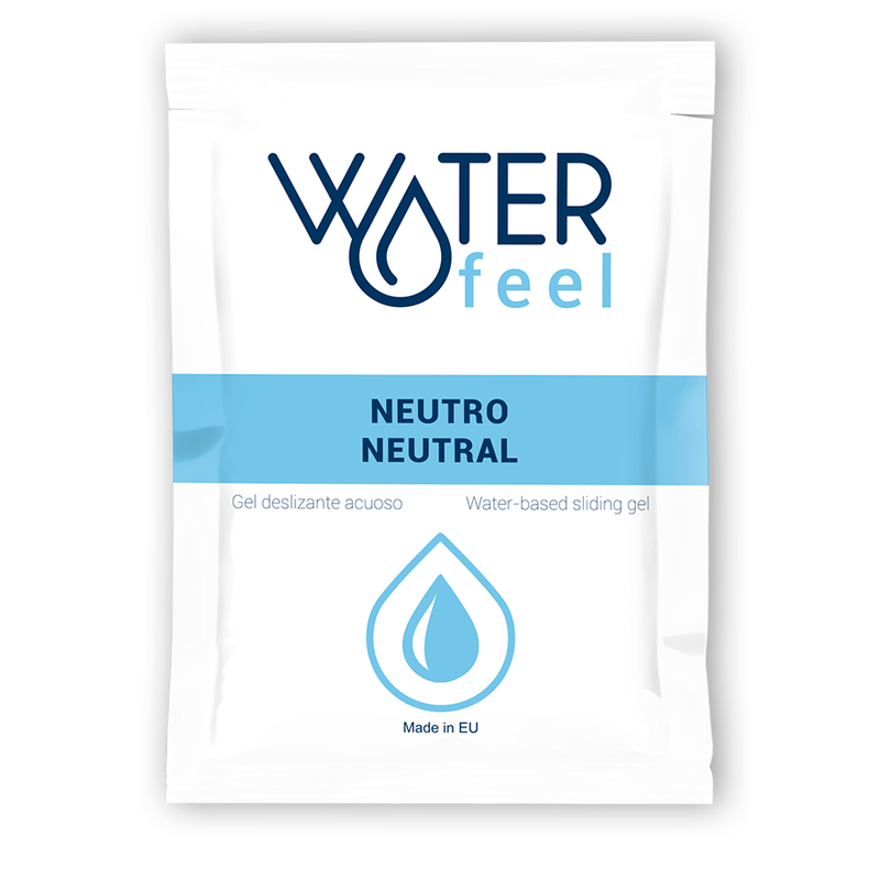 Gel scorrevole neutro Waterfeel a base d'acqua in confezione da 6 ml, applicato su superficie liscia e trasparente.