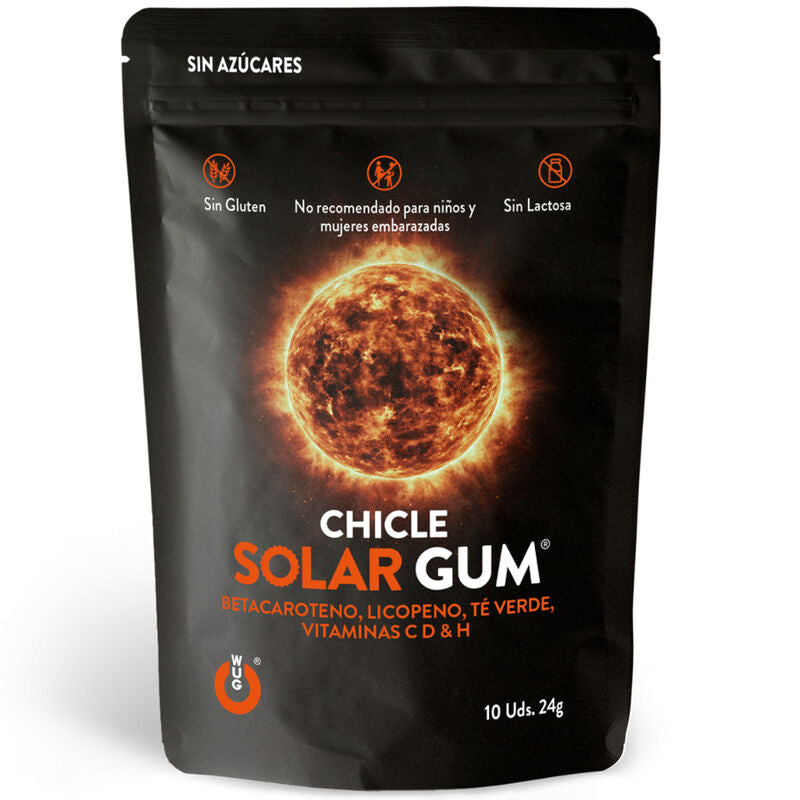 Gomme solari WUG GUM Solar Gum Sun Tanning, confezione da 10 unità, con packaging e gomme visibili in immagine