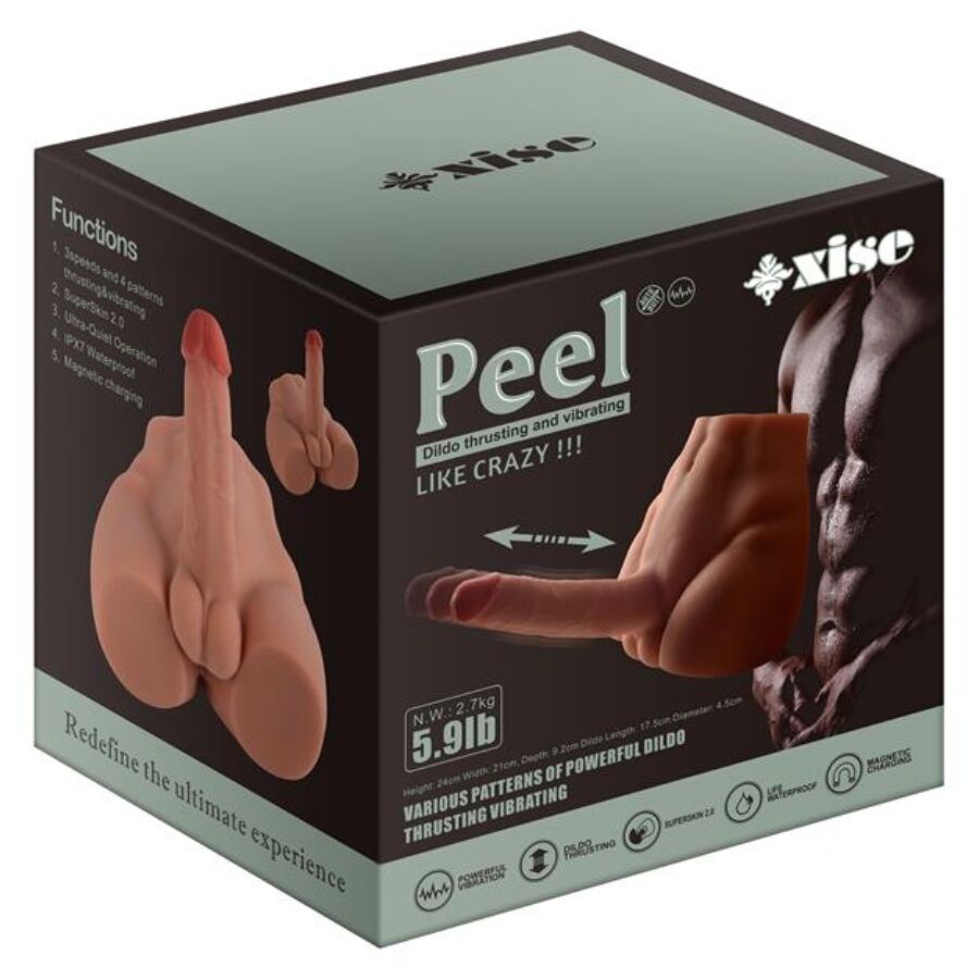 Dildo realistico XISE Peel, masturbatore con posizione frontale e spinta, lunghezza 17,5 cm, dettagli realistici e texture.