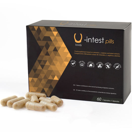 Capsule U-Intest di 500 Cosmetics per prevenire le emorroidi, blister con 60 capsule di integratore naturale.