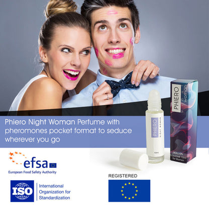 Profumo Roll-On Donna di Notte di Phiéro di 500 Cosmetics con feromoni, formato pratico da portare, confezione elegante.