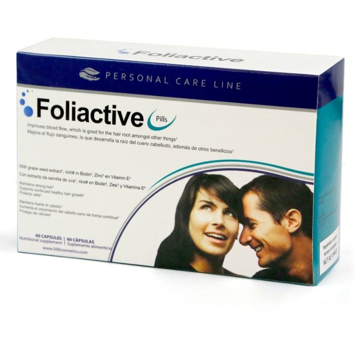 Capsule di integratore alimentare Foliactive di 500 COSMETICS per la perdita di capelli, in un blister bianco e verde