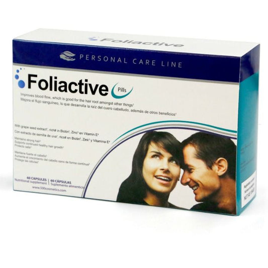 Capsule di integratore alimentare Foliactive di 500 COSMETICS per la perdita di capelli, in un blister bianco e verde