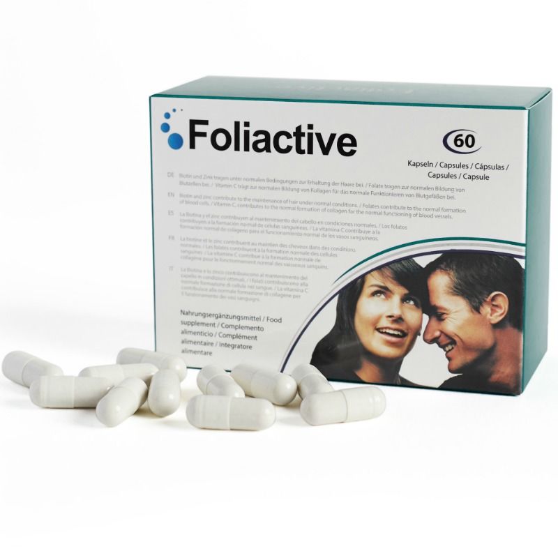 Capsule di integratore alimentare Foliactive di 500 Cosmetics per la perdita di capelli, in un contenitore con etichetta bianca.