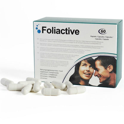 Capsule di integratore alimentare Foliactive di 500 Cosmetics per la perdita di capelli, in un contenitore con etichetta bianca.