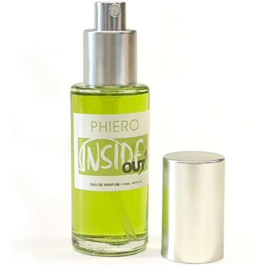 Profumo da uomo 500COSMETICS Phiero Inside Out con feromoni, bottiglia elegante e spray, vista frontale del prodotto.