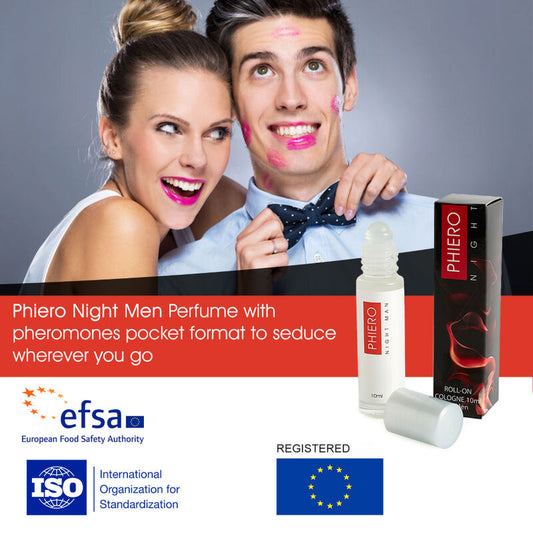 Profumo Phiero Night Man di 500 Cosmetics con feromoni, confezionato in roll-on, per uomo, con bottiglia elegante e design moderno