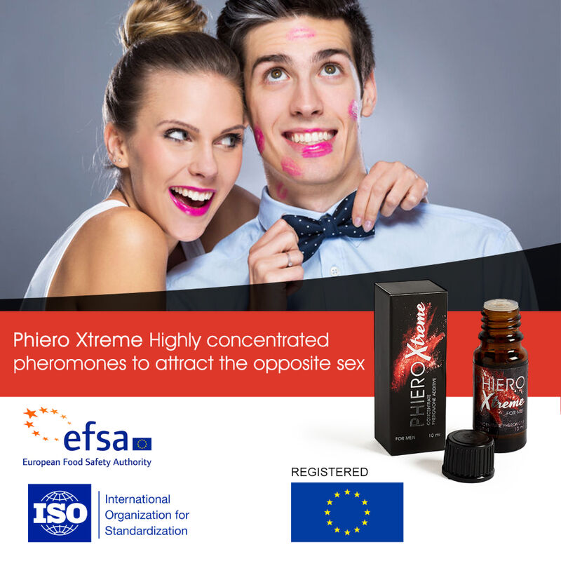 Flacone di 500COSMETICS Phiero Xtreme potente concentrato di feromoni, bottiglia con etichetta nera e dettagli colorati.
