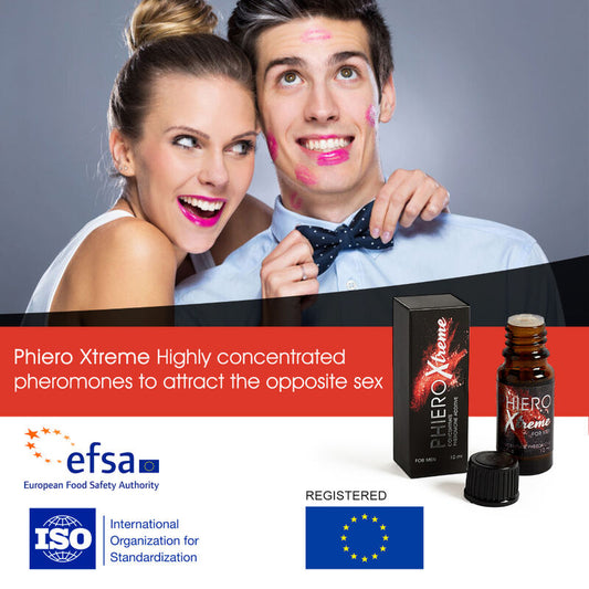 Flacone di 500COSMETICS Phiero Xtreme potente concentrato di feromoni, bottiglia con etichetta nera e dettagli colorati.