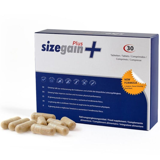 Capsule Disizegain Plus di 500 Cosmetics per ingrandire il pene, confezione con bustina di integratori naturali per la crescita.
