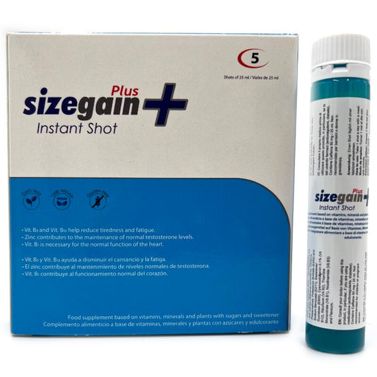 Set di 5 unità di SizeGain Plus Instant Shot di 500 Cosmetics, energizzante maschile per prestazioni rapide.