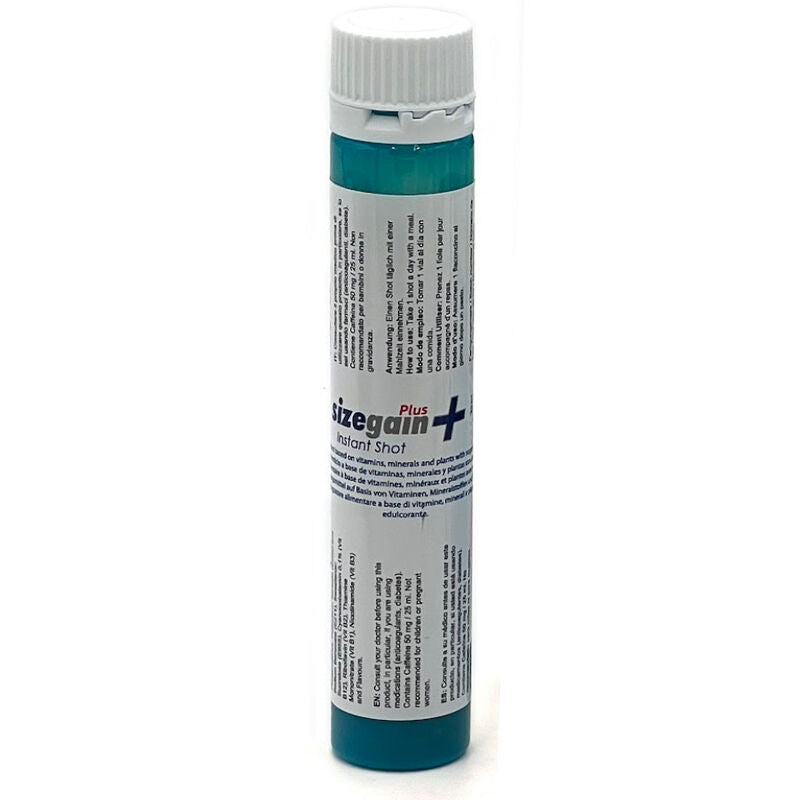 Siero energizzante maschile 500 Cosmetics SizeGain Plus Instant Shot, confezione da 5 unità, flaconi con etichetta blu e bianca