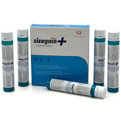 Siringhe di 500 Cosmetics SizeGain Plus Instant Shot energizzante maschile, 5 unità, con confezione e applicatori visibili.