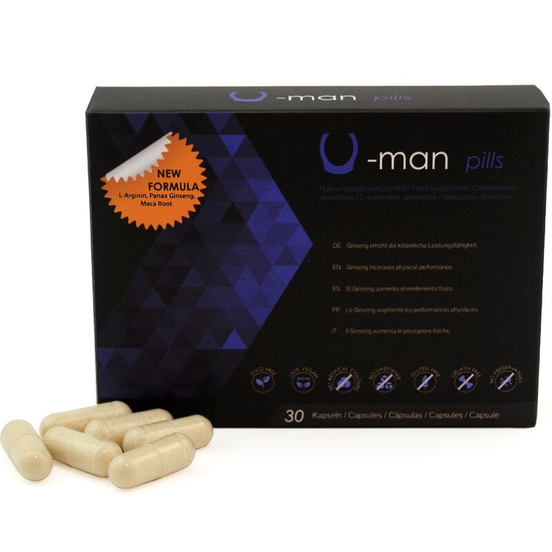 Capsule U-MAN di 500 COSMETICS per aumentare le dimensioni del pene e migliorare la potenza sessuale, in confezione da 30 capsule.