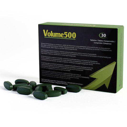Integratore 500 Cosmetics Volume 500 per aumentare quantità e qualità dello sperma, confezione da supplemento alimentare.