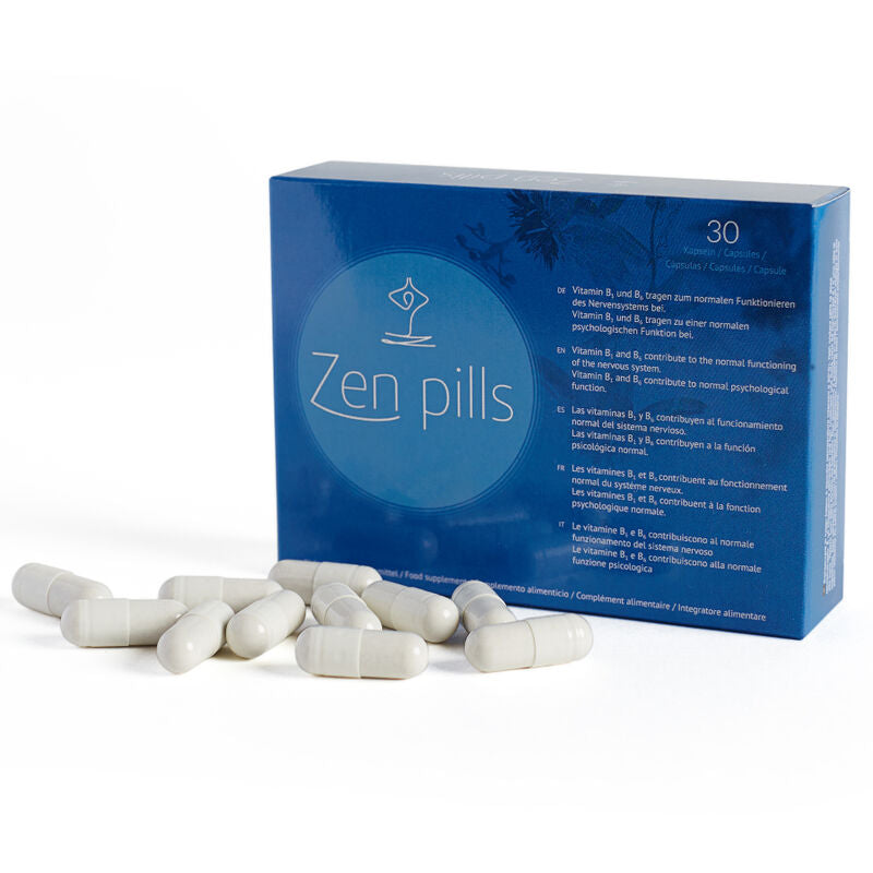 Capsule Zen Pills di 500 Cosmetics, integratore naturale per ridurre l'ansia, in scatola con capsule verdi e bianche.