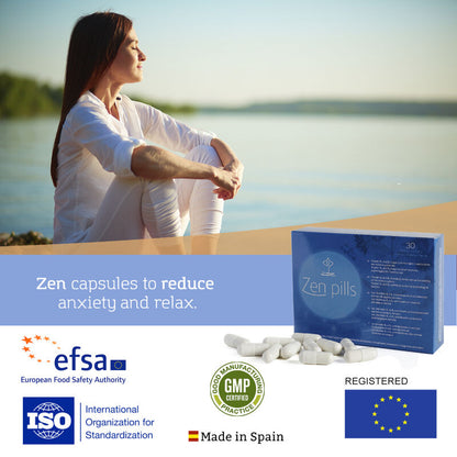 Capsule di 500COSMETICS Zen Pills per ridurre l'ansia, contenitore di pillole naturali per il benessere mentale.