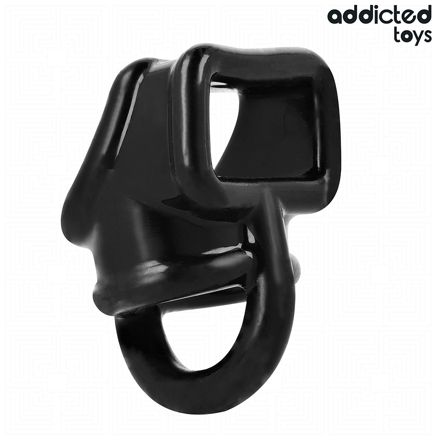 Anello per gabbia per pene ADDICTED TOYS, cinturino elastico in silicone nero, con dettagli regolabili e design elegante.