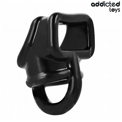 Anello per gabbia per pene ADDICTED TOYS, cinturino elastico in silicone nero, con dettagli regolabili e design elegante.