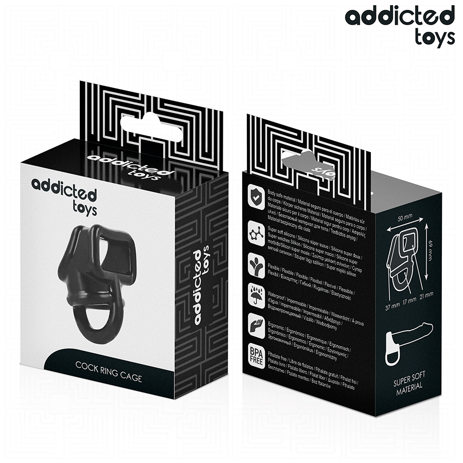 Anello per gabbia per pene ADDICTED TOYS in silicone nero, con dettagli regolabili e design ergonomico.