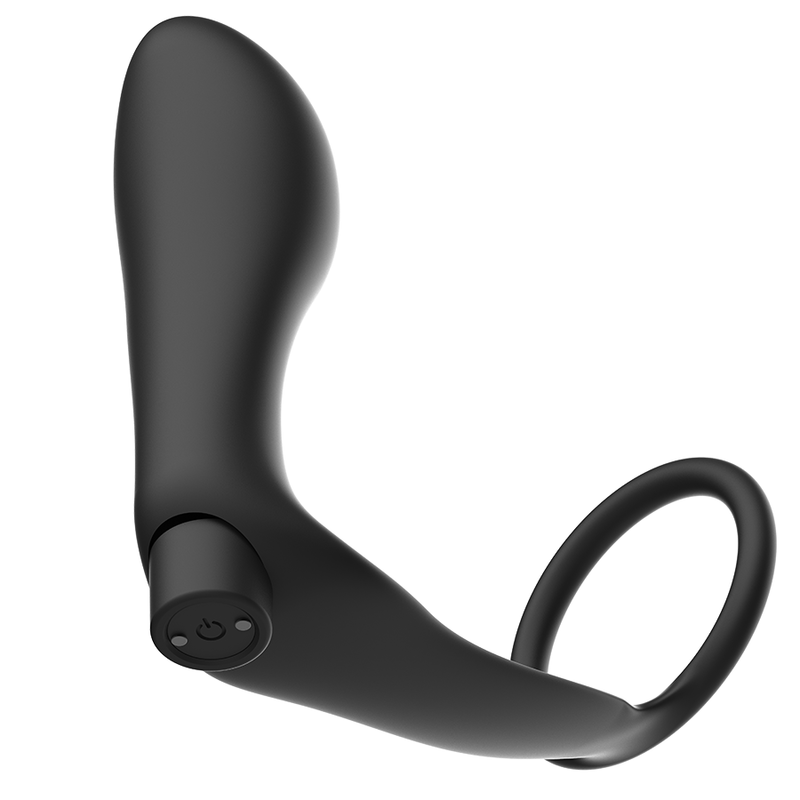 Anello per pene ADDICTED TOYS con telecomando e plug anale nero, ricaricabile, in silicone, visibile in dettaglio.