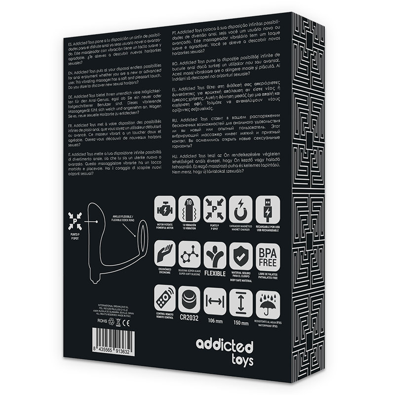 Anello per pene ADDICTED TOYS con telecomando, plug anale nero ricaricabile, design elastico e discreto.