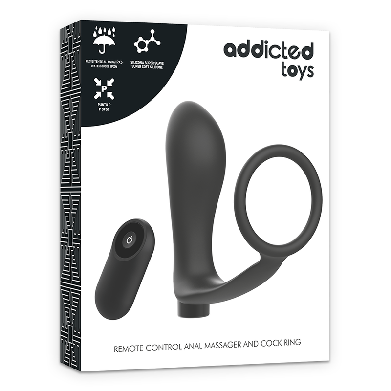 Anello per pene nero con telecomando, plug anale ricaricabile di ADDICTED TOYS, design elegante e funzionale.