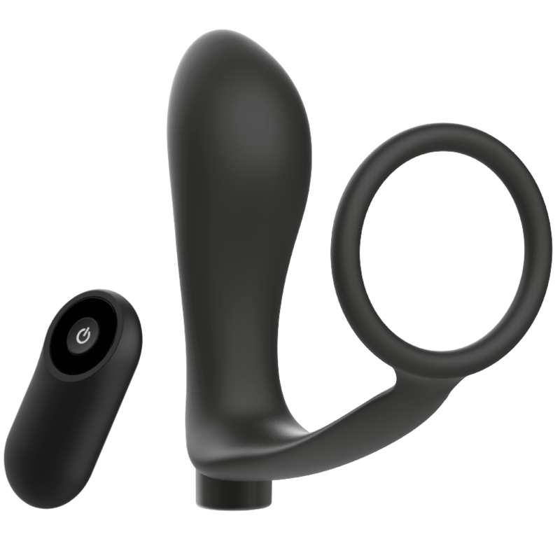Anello per pene ADDICTED TOYS con telecomando e plug anale nero, ricaricabile, display del prodotto in primo piano.