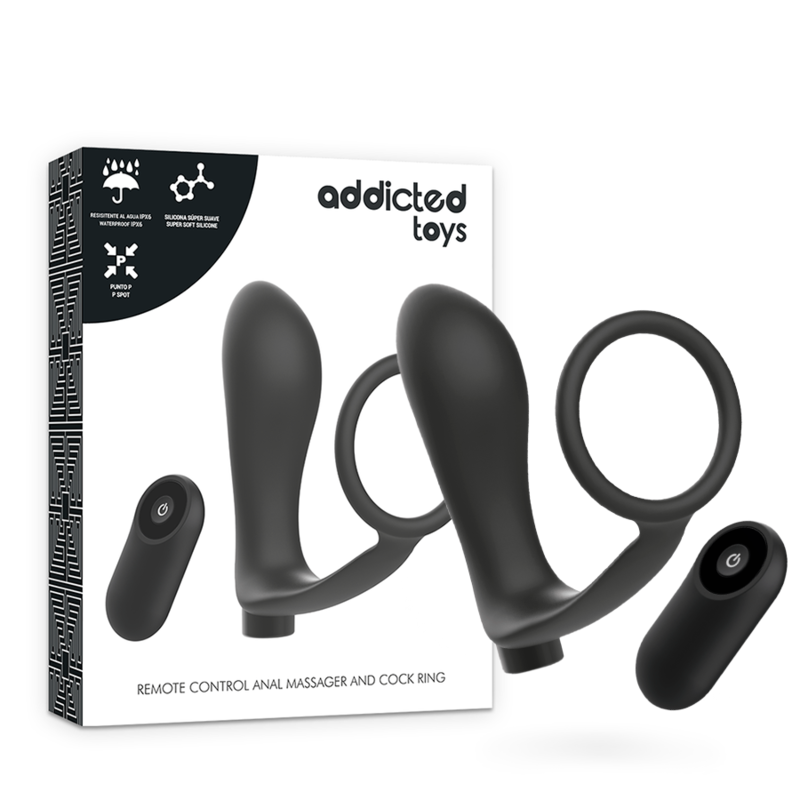 Anello per pene ADDICTED TOYS con telecomando, plug anale nero ricaricabile, morbido e ergonomico per piacere intenso.